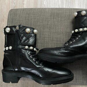 Zara Black Leather Pearl Studded Straps Lace Up Combat Goth Y2K Military Boots 9